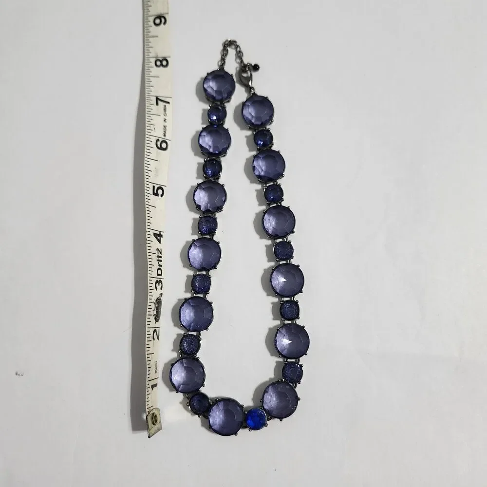 Necklace Gun Metal Blue Acrylic Round Circular Rhinestone Statement Adjustable